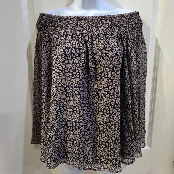 Rebecca Minkoff ✦ Smocked Off-Shoulder Top ✦ Sheer Overlay Floral Navy Tan Sz S - Picture 2 of 16